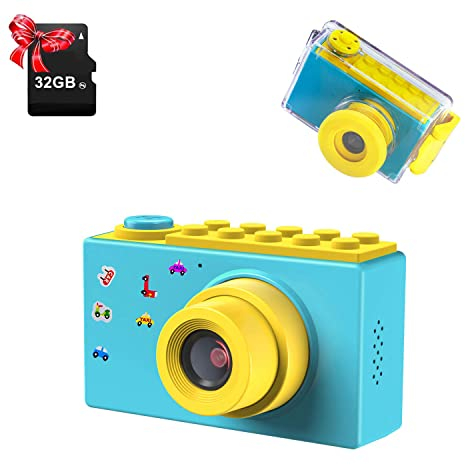 ShinePick Kamera Kinder, 2 LCD Display 1080P HD Kinderkamera mit TF-Karte 32GB, wasserdichte Fotoapparat Kinder für Jungen und Mädchen (Blau)