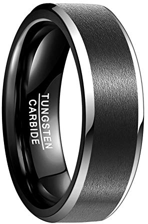 Vakki 8mm Wolfram Ring für Herren, Schwarz Einfache Ringe für Hochzeit und Alltag, Bequeme Passform, Abgeschrägte Kanten, Größe 58(18.5)