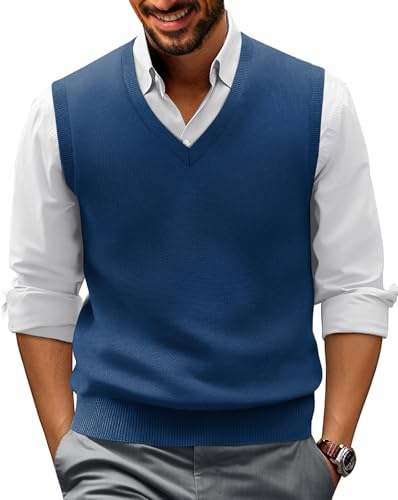 PJ PAUL JONES Mens V-Neck Knit Sweater Vests Basic Solid Plain Pullover Knitwear Sea Blue XL