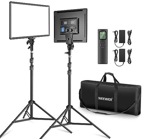 Neewer 18 Led Video Light Panel Key Lighting Kit with Remote, 2-Pack 45W Dimmable Bi Color + Tripod Stand, 3200K–5600K Soft Light CRI 97+ 4800Lux for Game Live Streaming Studio Photography Recording