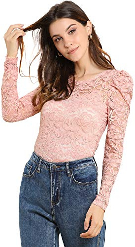 Allegra K Top de Encaje de Blusa Bordada de Manga Larga con Soplo Semitransparente Vintage para Mujer Rosa L