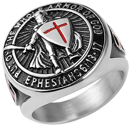 HZMAN Knights Templar Ring for Men Ephesians 6:13-17 Red Cross Design Men's Stainless Steel Ring Jewelry Gift