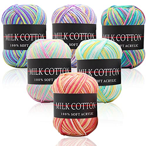 Betinyar Filato di cotone multicolore per uncinetto, 6 gomitoli da 50 g, colori assortiti, per lavorare a maglia, doppio filato acrilico
