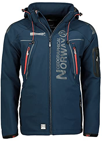 Geographical Norway Techno för män är en vattentät softshelljacka med huva, bekväm utomhusjacka, vindjacka, för vandring, skidåkning, höst, vinter, vår, marinblå, XXL
