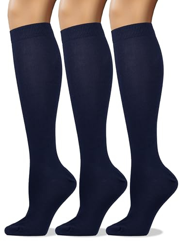 COTTON DAY Women's Soft Combed Cotton Knee High Long Calf Dress Socks Seamless Toe Shoe Size 6-9 Navy