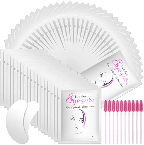 URAQT Augenpads für Wimpernverlängerung, 50 Paar Wimpernpads, Wimpern Extension Pads mit 10 Stück Wimpernbürste, Wimpernverlängerung Augen Pads Eye Patch für Eyelash Extensions (Silber)