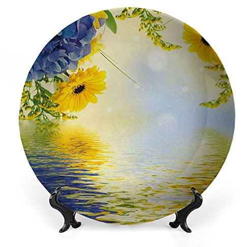 LIGUTARS Decorative Plates, Yellow and Blue Print Ornament, Romantic Bouquet of Hydrangeas and Asters on Water, 8 Inch, 1 Plate with 1 Display Stand, Violet Blue Earth Yellow