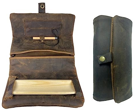 Echtes Leder Used Look Tabak Beutel Rollbrett Tasche Drehertasche Feinschnitt Rollbeutel tobacco pouch leather antik braun Holz Rollhilfe Stopfhilfe