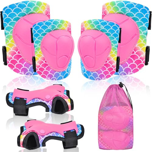 Genouillères pour enfants, coudières, protège-poignets, avec poche en filet à cordon de serrage, équipement de protection, ensemble réglable pour filles et garçons, pour le patinage, le cyclisme, la