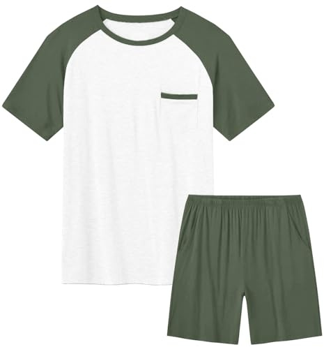Haloumoning Pigiama per bambini, a maniche corte, estivo, in due pezzi, con maglietta e pantaloni da notte, taglie da 120 a 160, verde, 160 Centimetro
