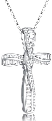 PUPILLEMON Cross Necklace for Women, 925 Sterling Silver Cross Necklaces, White Gold Cross Pendants,Cubic Zirconia Infinity Loop Cross Pendant Necklace