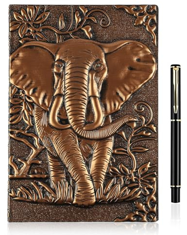 OFFCUP Cuaderno de Piel en Relieve 3D A5, 200 Páginas Libreta Vintage Cuaderno de Viaje Bloc Notas con Bolígrafo, Diario de Viaje Cuaderno de Escritura para Hombres y Mujeres (Elefante)