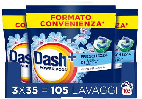 Dash Power Pods Detersivo Lavatrice In Capsule, 105 Lavaggi(3x35), Freschezza Di Lenor, Risveglio Primaverile, rimuove addirittura gli odori di sudore vecchi di 7 giorni, per una pulizia impeccabile
