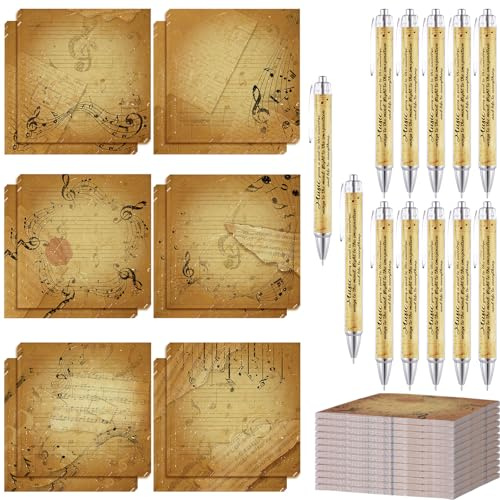 Kosiz 12 Set Music Gifts Bulk Music Sticky Notes with Ballpoint Pens Inspirational Musical Vintage Notepads for 80s Rock and Roll Piano Choir Party Favors First Day of School Rewards Exchange Gifts