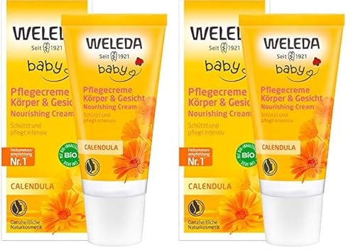 WELEDA Bio Baby Calendula Pflegecreme Körper & Gesicht 30ml - Naturkosmetik Gesichtscreme/Hautcreme mit Sesamöl & Lanolin zur Pflege trockener Haut. Babypflege Feuchtigkeitscreme für Babys & Kinder