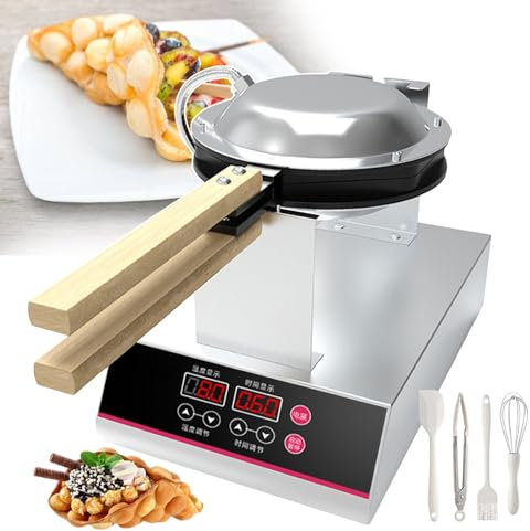 pealiritansemen Gaufrier Professionnel À Bulles - Double Face Chauffante, Gaufrier À Œufs pour La Cuisine De Rue, avec Affichage Numérique, Poignée en Bois Et Rotation À 180° pour Food Trucks/Cafés