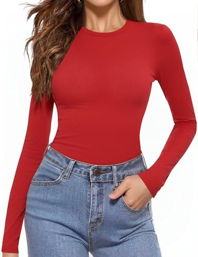 Aottori Womens Long Sleeve Base Layer Tops Ladies Round Neck Basic Underwear Cotton Lightweight Thermal Slim Fitted Pullover Tunic Top Red M