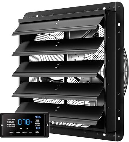 CAMMOO 20 Inch EC Motor Shutter Exhaust Fan, 6 Inch Large Touchscreen Controller for Temp Humidity and Speed Control, 10-Speed Wall Mount Fan for Attic, Greenhouse, Garage, Chicken Coop Ventilation