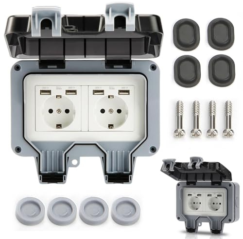 Herbst Aussensteckdose IP66 Wasserdichte Steckdose mit USB Anschluss 2 Fach Gartensteckdose Wandsteckdose für Drinnen und Draußen mit Klappdeckel