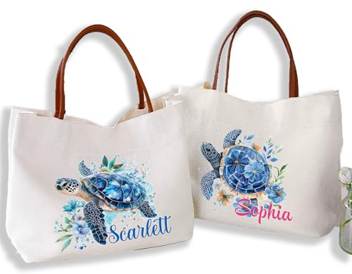 callie Sac Fourre-Tout Personnalisable avec Motif Tortue de Mer Fleurie et Nom Accessoire de Voyage Cadeau Anniversaire Plage pour Femme (poignée en cuir PU)