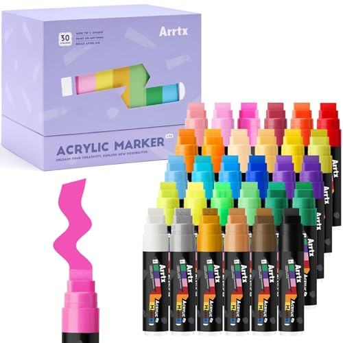 Arrtx Set da 30 Pennarelli Acrilici con Punta Extra Large 15mm - Marcatori 3 in 1 per Pittura su Pietra, Ceramica, Vetro, Legno e Cartone - Ideali per Progetti Artistici e Decorativi