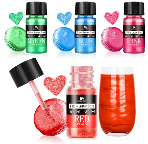 Edible Glitter Set for Drinks - 4 Colours Food Grade, 20g Edible Glitter Powder & Luster Dust for Cake Decorating, Baking, Cupcakes, Cookies, Fondant, Chocolate, Buttercream - DIY Edible Glitter Art