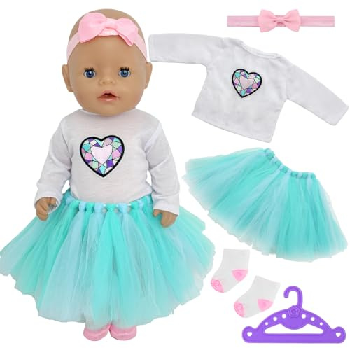 Carreuty 5 Stück Puppenkleidung für 14-18 Zoll Puppen, Blauer Tüllrock herzförmiges Diamant-Top Haarband Socken Kleiderbügel Süß Kleidung Outfits 43cm Puppenzubehör für Baby Mädchen Jungen Babydoll
