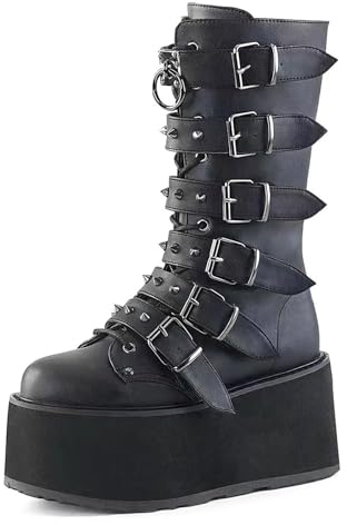 Bottes De Combat Femmes Talon Épais Gothique Punk Plateforme Rave Avec Décor Métallique Semelle Compensée Bout Rond Mi Mollet Ou Genou Chaussures Moto Pour Halloween Festivals Musique Cosplay