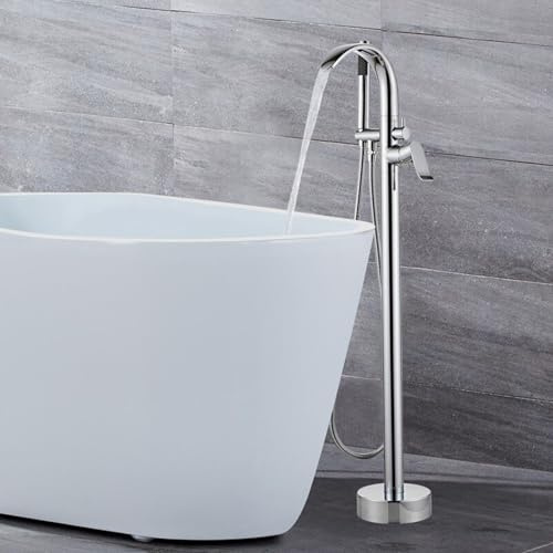 BiaoTeng Grifo de Pie para Bañera Exenta con Cascada Grifo Ducha Bañera Monomando Cromado Giratorio de 360° agua Fría y Caliente Laton