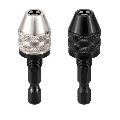 2 Pack Keyless Drill Chuck Adapters with 1/4 Inch Hex Shank, Quick Change Chuck Convertors for Screwdrivers, Drills and Impact Drivers, Black and Silver