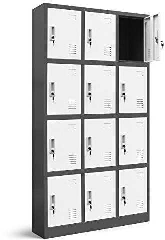 Jan Nowak Wertfachschrank 3B4A Fächerschrank Schließfachschrank mit 12 Fächern Metallspind Umkleideschrank Stahlblech Pulverbeschichtung Farbwahl 185 cm x 90 cm x 40 cm (H x B x T) (Anthrazit-Weiß)