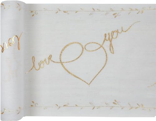 Stoff-Tisch-Läufer Tisch-Band Tisch-Decke I LOVE YOU weiß & gold mit Herz-en -Tisch-Deko Hochzeit-s-deko-ration Tisch-Läufer Tisch-Decke Tisch-Band Hochzeit Candy-Bar Accessoire-s (3 Rollen = 9 Meter)