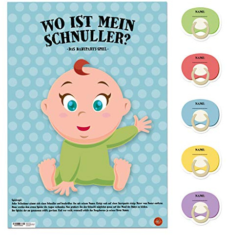 avandu Wo ist mein Schnuller? Babyparty Spiel mit 20 Aufklebern - Partyspiel Gesellschaftsspiel