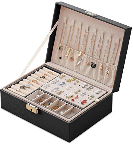 EKKONG Boîte à Bijoux pour Femme, Coffret à Bijoux en Cuir Verrouillable de Voyage 2 Couches Organisateur à Bijoux, Petit Jewelry Stockage Cas Rangement Bijoux Organisateur De Bijoux (Black)