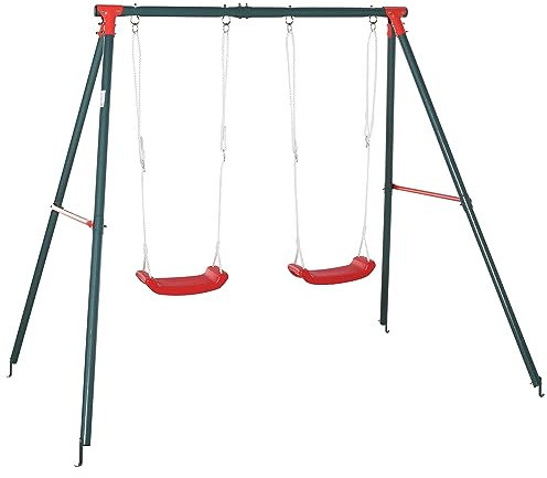 Outsunny Columpio Doble para Niños +3 Años con Soporte de Metal Juego de Columpio Infantil Cuerda Ajustable Exteriores Carga Máx. 40kg 239x156x180 cm Verde Rojo