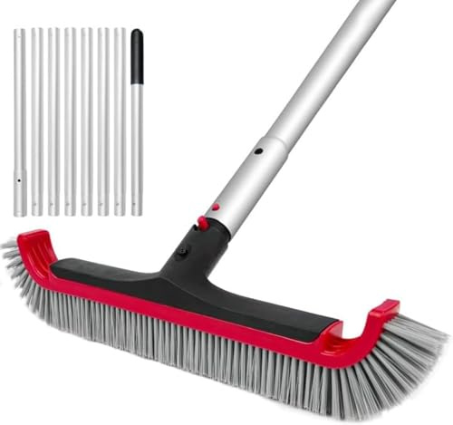 Swimming Pool Brush with Pole - 17.5 Wall Brush with 10FT Adjustable Aluminum Pole, Nylon Bristles, Curved Ends, EZ Clip Handle, Pool Brush for Cleaning Walls, Tiles & Floors