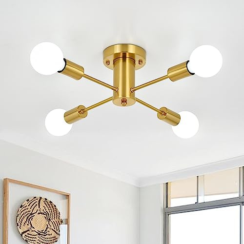 ASHUAQI Gold Sputnik Chandeliers - 4 Lights Semi Flush Ceiling Lights for Living Room, Bedroom, Kitchen, Lounge, Hallway