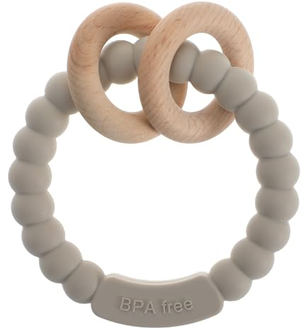meanus Beißringe für Babys, Beißring Spielzeug aus Silikon und Buche, BPA-frei (Light Grey)