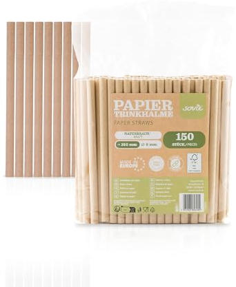 Mank Cannucce di carta ecologiche, cannucce di cartone per feste e matrimoni, in sacchetto di pellicola riciclabile, cannucce | (150, marrone naturale, diametro 8 mm/15 cm)