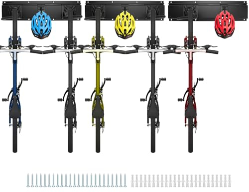 QWORK® Verstellbare Fahrradaufhängung für 5 Fahrräder und 3 Helme, Fahrräder Vertikal Wandhalterung, Gesamtlänge der Schiene 120 cm, Hält bis zu 225 kg