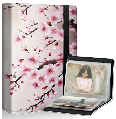 DIGTIALL Cherry Blossom Small Photo Album 5x7 inch PU Leather Cover Photo Albums with Elastic Band 120 Photos Inner Transparent Pockets Design for Family Anniversary Wedding Baby Pets