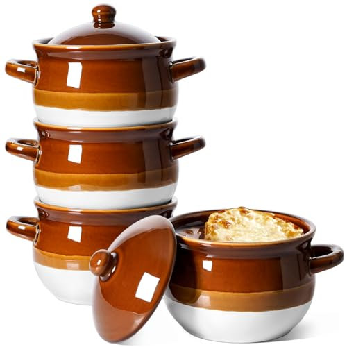 LE TAUCI French Onion Soup Bowls with Lids, 16 oz Ceramic Soup Crocks with Handles, Oven/Microwave/Dishwasher Safe, Set of 4 – From Oven to Table for French Onion, Chili, Pot Pies