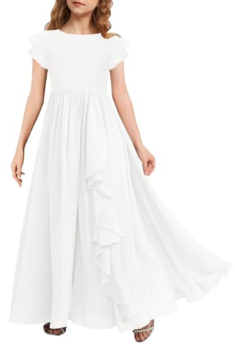 MITILLY Girls Lace Flower Maxi Dress Ruffle Sleeve A-Line Flowy Junior Bridesmaid Chiffon Dresses for Wedding Party 12 Years White