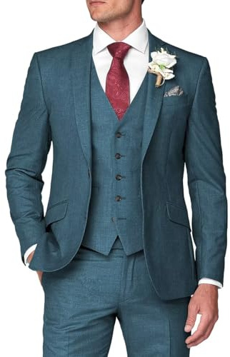 HUUTOE Trajes de 3 piezas para hombre, ajuste delgado, trajes de graduación para hombre, vestido de boda, traje de verano, chaqueta, chaleco, pantalones, esmoquin, verde azulado, Medium