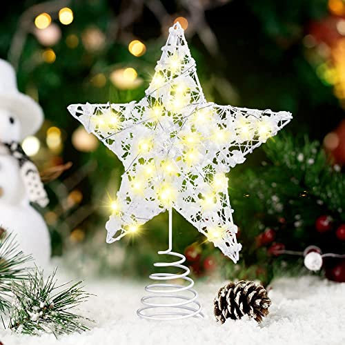 Weihnachtsbaumspitze, LED Stern Baumkrone mit weißer Schneeflocke, beleuchtete Pentagramm Schnee Baumkrone mit 20 Mini Lichtern für Christbaumschmuck(klein Größe)(23CM*18CM)