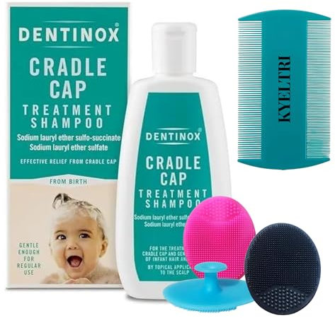 Cradle Cap Treatment for Baby Including 3 Kyeltri Silicone Cradle Cap Brushes & Fine Tooth Cradle Cap Comb Bundled with Dentinox Cradle Cap Treatment Shampoo Cradle Cap