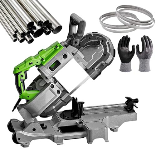 pedenencelia Sierra De Cinta para Metal, Portátil De 1100 W, con Escala, Diámetro De Corte De 11 Cm, Ángulo De Corte Ajustable A 45°, Incluye 1 Guante Y 6 Hojas De Sierra, para Metal, Madera,Withbase