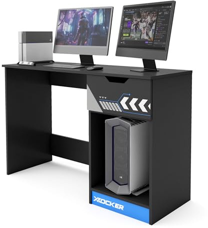 X-Rocker Octane 110cm x 40cm, Racing Gaming Desk - Built-In Drawer, Open PC Storage Shelf, eSport Inspired, Durable Wooden Frame for Kids & Teens - Black & Blue