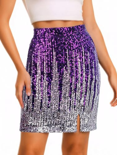 Paljettkjol glittrande hög midja stretchig bodycon minikjolar fest utekväll klubbkläder för kvinnor, Lilasilver, XL
