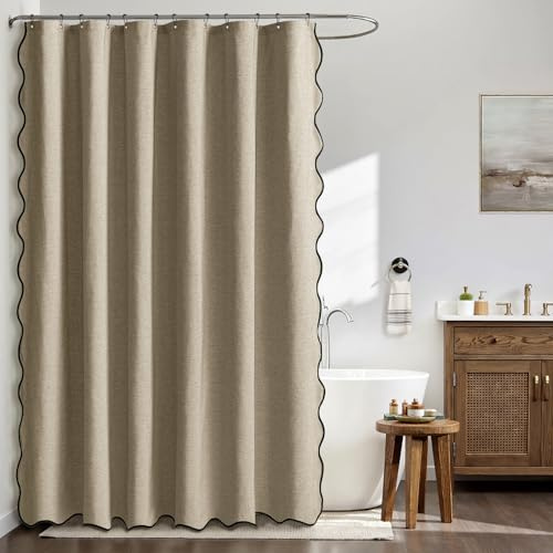 MIULEE Tenda da doccia in lino ondulato 120x200 cm Khaki, tende da doccia impermeabili per hotel di lusso, tenda da bagno in tessuto lavabile antimuffa con 8 ganci in metallo.